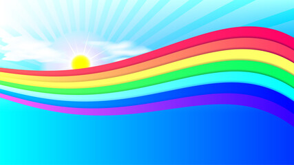 Bright abstract wavy rainbow poster. Clouds and radiant sun. EPS10