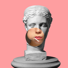 Collage with plaster head model, statue and female portrait isolated on pink background. Negative space to insert your text. Modern design. Contemporary colorful and conceptual bright art collage.