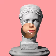 Foto auf Acrylglas Collage with plaster head model, statue and female portrait isolated on pink background. Negative space to insert your text. Modern design. Contemporary colorful and conceptual bright art collage. © master1305