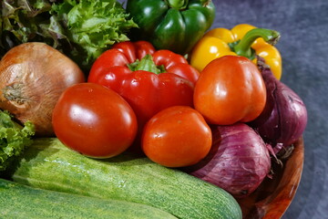 Close up Fresh Organic Vegetable. Bell Pepper, Tamatoes, Lettuce, Cucumber