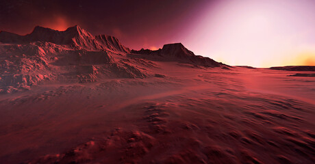 Mars environment. Mountains covered with yellow fog. 3D illustration. Red mountains in the desert.