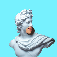 Collage with plaster head model, statue and male portrait isolated on blue background. Negative space to insert your text. Modern design. Contemporary colorful and conceptual bright art collage.