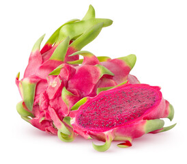 Isolated dragonfruit. Two whole and half of red pitahaya fruits isolated on white background, with...