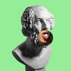 Collage with plaster head model, statue and male portrait isolated on green background. Negative space to insert your text. Modern design. Contemporary colorful and conceptual bright art collage.
