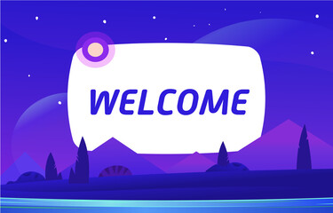 WELCOME Vector night environment with sky clouds. Moonlight.