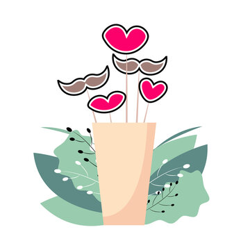 Party props: lips and mustache on sticks. Valentine's day attributes for kissing booth and photo booth. Vector illustration