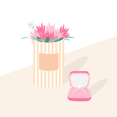Bouquet in a round box with a note and a diamond ring in a pink box. Elements for declaration of love, apology, congratulations on Valentine's Day. Vector illustration.