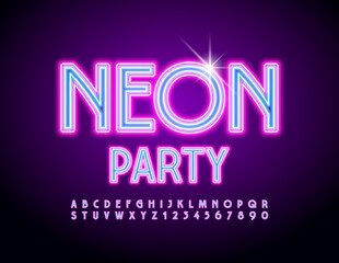 Fototapeta na wymiar Vector event flyer Neon Party. Bright glowing Font. Illuminated light Alphabet Letters and Numbers set