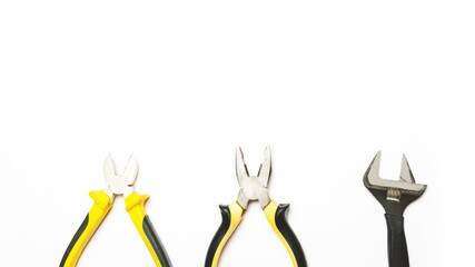 set of industrial, working tool isolated on white background. various construction tools. wire cutters, pliers