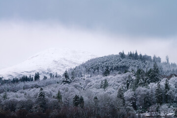 Beautiful Winter landscape with snow on trees and mountain. Keswick, Lake District, UK.