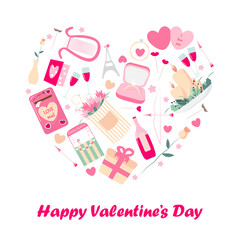 Happy valentine's day attributes grouped into a heart shape. Elements of a romantic holiday: ring, bouquet, arrows, hearts, cards, glasses for designs, banners. Vector illustration