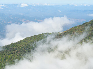 Beautiful scenic view of mountains and clouds against the sky in Kew Mae Pan nature trail at Doi Inthanon, Chiang Mai, Thailand. Famous tourist attractions of Thailand. Concept of holiday and travel