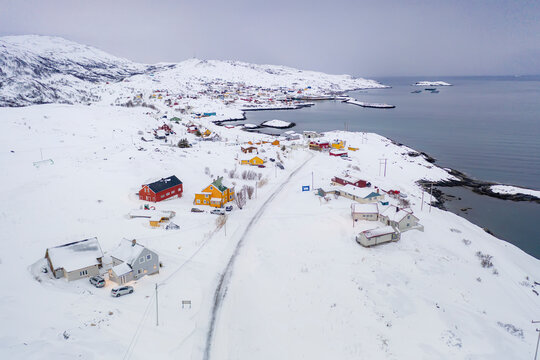 Fishing village of Breivikbotn covered with snow, Soroya Island, Hasvik municipality, Troms og Finnmark