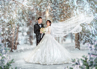 Newlyweds in winter park are walking around. Handsome groom and beautiful bride surrounded by snow. Winter wedding