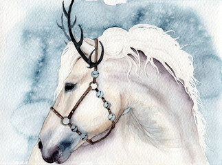 Watercolor illustration of a white horse with a snow-white mane with bells on the harness and deer horns on its head on a gray-blue background © Мария Тарасова