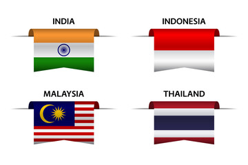 Set of four Indian, Indonesian, Malaysian and Thai ribbons. Made in India, Made in Indonesia, Made in Malaysia and Made in Thailand stickers and labels. Vector simple icons with flags