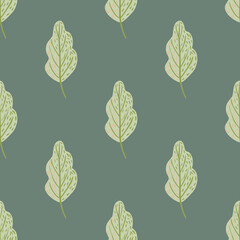Oak leaf pale seamless pattern in simple hand drawn style. Green foliage on grey background.