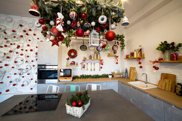 close-up of a cozy modern kitchen for a large family, decorated for the new year celebration