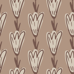 Abstract seamless doodle pattern with hand drawn outline beige colored tulip flowers print.