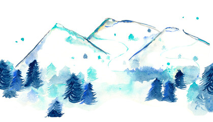 Snowy winter mountain landscape watercolor illustration
