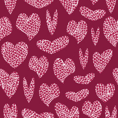 Vector White and Pink Textured Hearts on Pink Background Seamless Repeat Pattern. Background for textiles, cards, manufacturing, wallpapers, print, gift wrap and scrapbooking.