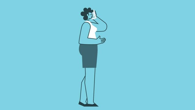 Graphic Flat Design Bold Woman Cartoon Character Call Mobile Phone Isolated Loop 2d Animation. Luma Matte.