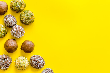 Food pattern of homemade energy balls with dried fruita and coconut