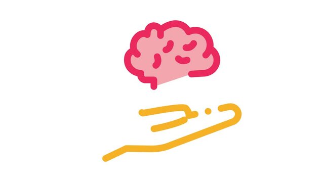 hand hold brain Icon Animation. color hand hold brain animated icon on white background