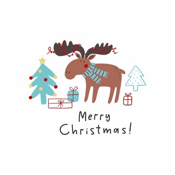 Christmas print with cute deer, Christmas tree, gifts. Magical Christmas 2021 - vector illustration