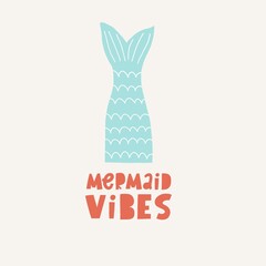 Vector mermaid in flat style. Hand drawn lettering