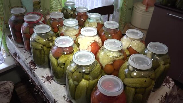 Home canned jars, prepared for the winter.