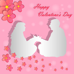 Couple in love. Love and happy valentine day card on pink background. Man and woman couple holding hand and looking at each other. Paper cut art, origami style. Love concept. Stock vector illustration