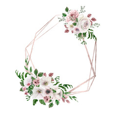 Watercolor polygonal frame. Pink foliage geometric gem frame. Decorated with pink and white flowers and leaves. Herbal greenery composition. Save the date, wedding, birthday invitation, shower