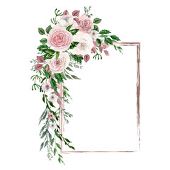 Watercolor rectangle frame. Pink foliage geometric frame. Decorated with pink and white flowers and leaves. Herbal greenery composition. Save the date, wedding, birthday invitation, shower, Design