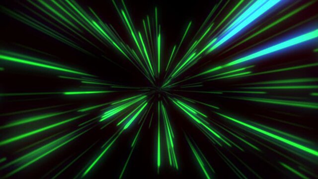 Abstract space loop with green line and blue light. Motion graphic isolated on black background. This clip was created in 4k 24fps.