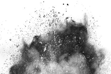 particles of charcoal on white background, abstract powder splatted on white background, Freeze...