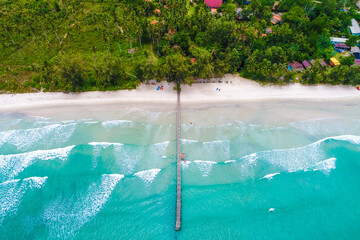 Aerial drone view white sandy beach wave vacation concept