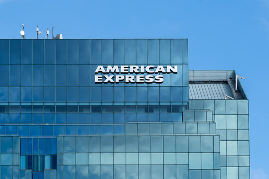 Toronto, Canada - October 31, 2020: American Express Canada Corporate office sign is shown in Toronto. The American Express Company is an American multinational financial services corporation.