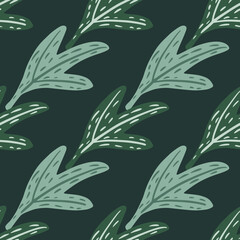 Seamless pattern with botanic leaf shapes in abstract style. Dark green palette nature foliage backdrop.