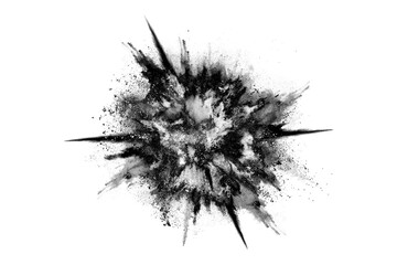 particles of charcoal on white background, abstract powder splatted on white background, Freeze motion of black powder exploding or throwing black powder.