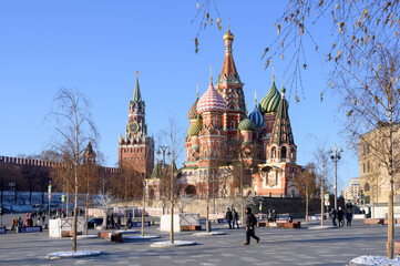 View of the Kremlin, Vasilyevsky Spusk Square and St. Basil's Cathedral, Moscow, Russian Federation, December 05, 2020