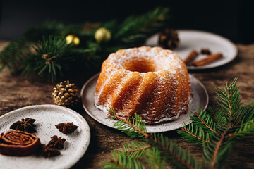 Guglhupf austrian cake in new year eve and christmas arrangement