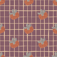 Auumn fruit seamless dark pattern with doodle persimmons. Chequered background.
