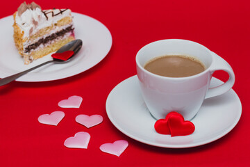 Valentines Day Breakfast With Cooffee and biscuit cake on red background
