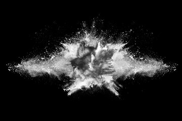 White powder explosion on black background. Colored cloud. Colorful dust explode. Paint Holi.