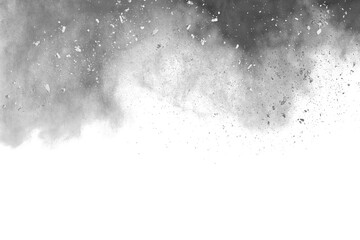 particles of charcoal on white background, abstract powder splatted on white background, Freeze...