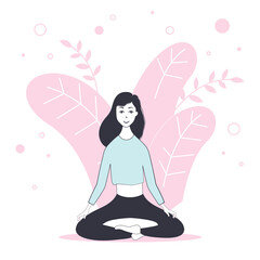 Young woman in meditation pose. Concept of calm breathing, relaxation, meditation, yoga, harmony, mental health. Vector illustration