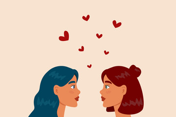 LGBT lesbian couple. Portrait of adorable young women flirting with each other. Homosexual romantic partners on date. Concept of love, passion and homosexuality. Modern colorful vector illustration.