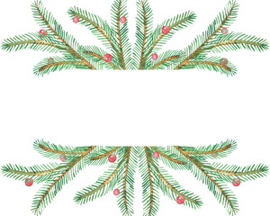 Watercolor hand painted nature winter holiday banner frame with green fir branches and red holly berries on the white background for christmas and new year invite and greeting card