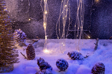 Snow background with snowy pine cones and Christmas light.